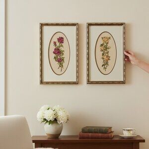 Vintage Framed Needlepoint Roses Pair Gold Frame Floral Wall Art Cottage Decor